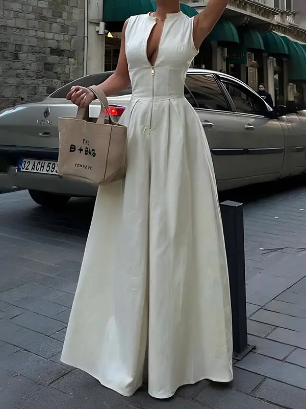 Jumpsuits Met Hoge Taille Losse Zakken Effen Kleur