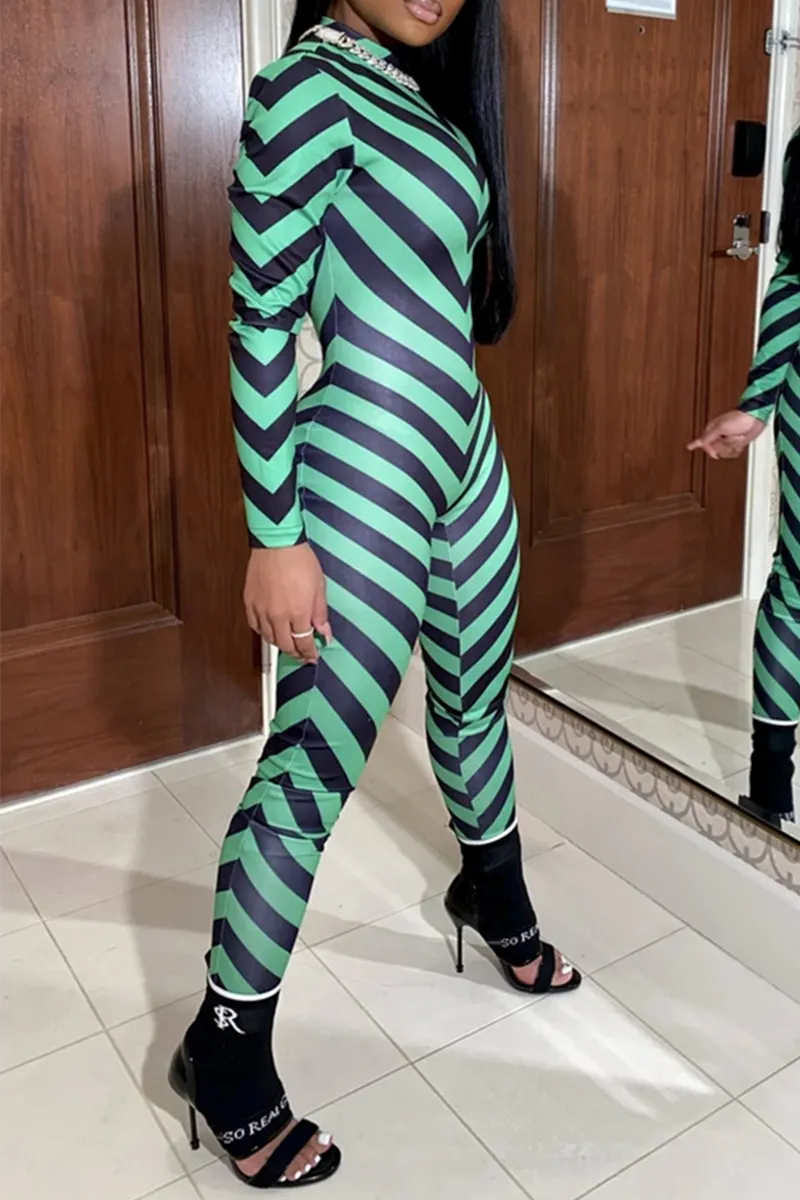 Casual Striped Split Joint Half A Turtleneck Skinny Jumpsuits