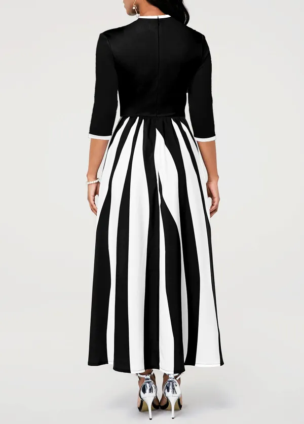 Geometric Print Pocket Tie Collar Maxi Dress