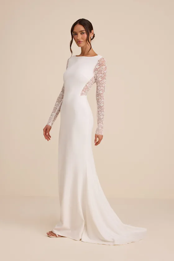 Brooks White Lace Boat Neck Mermaid Maxi Dress