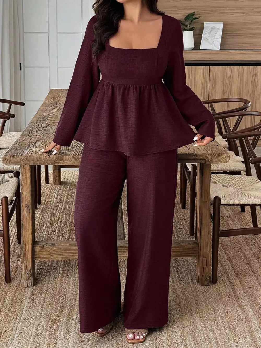 Plus Size Square Neck Long Sleeve Top and Pants Two Piece Set