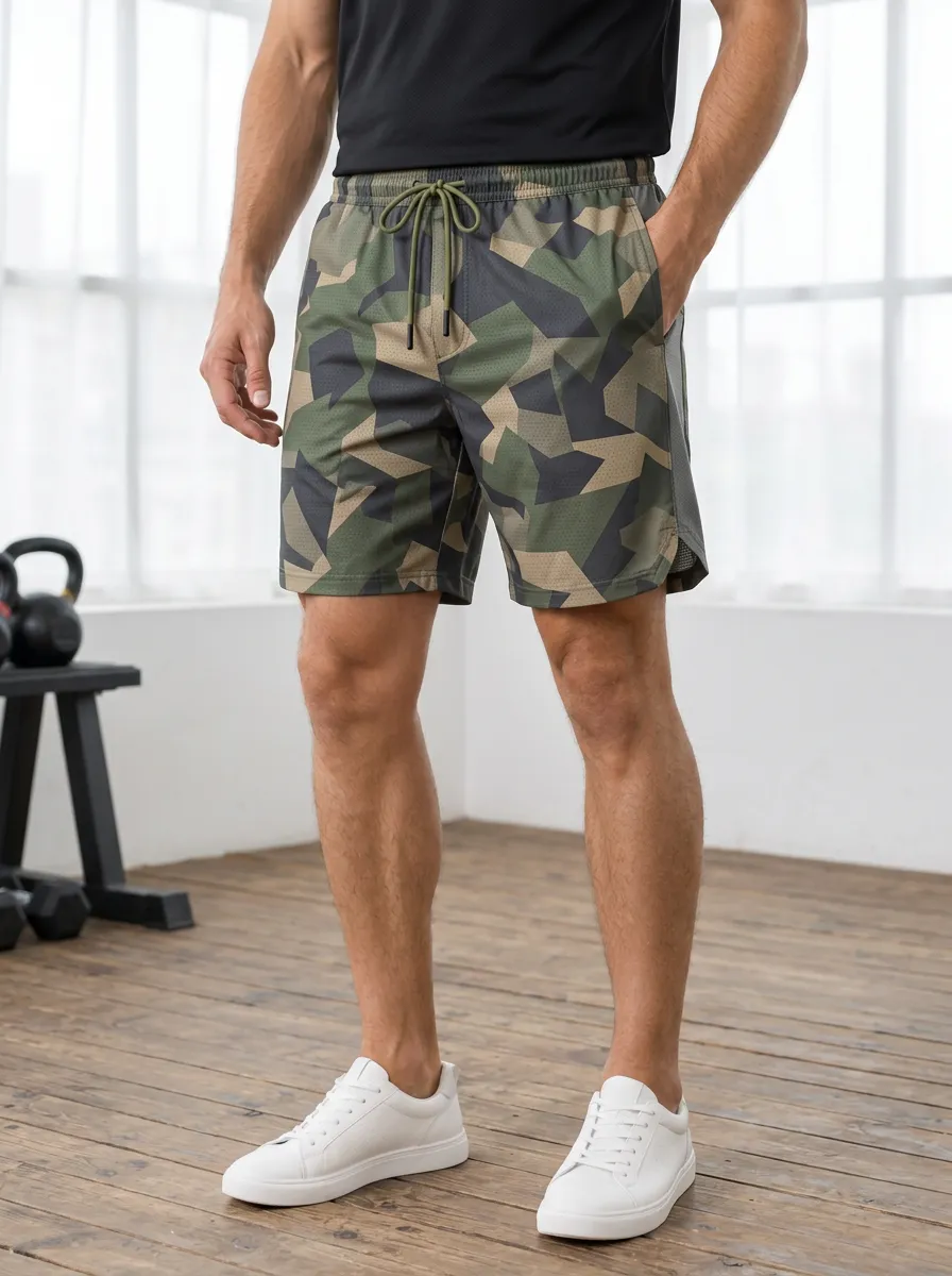 Men's Fitness Gym Camouflage Geometric Printed Shorts
