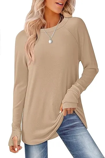 Womens Tunic Tops to Wear with Leggings Long Sleeve Thumb Hole Shirts Crew Neck Curved Hem