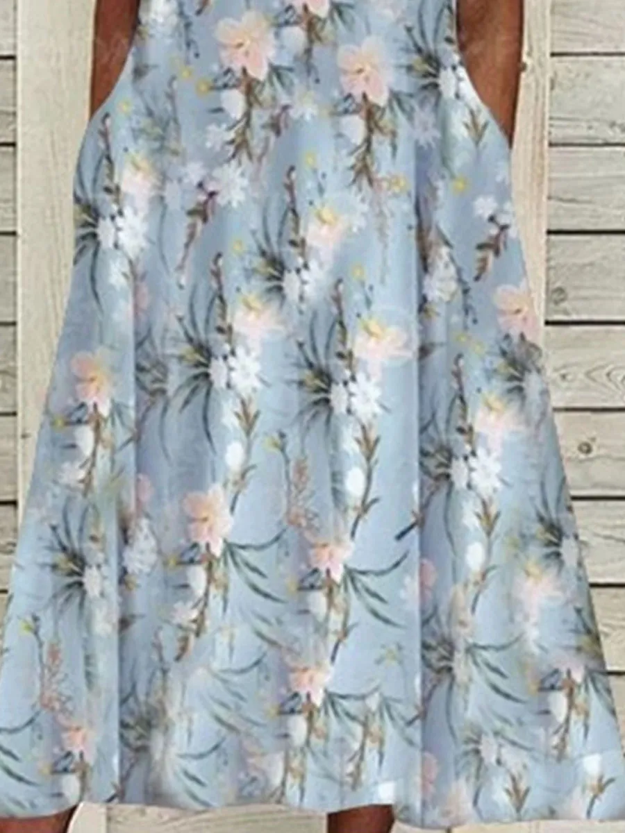 V-neck Casual Floral Print Resort Short Sleeve Midi Dress