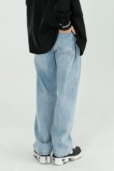 Mid-Rise Washed Pocketed Stretch Wide Straight Jeans