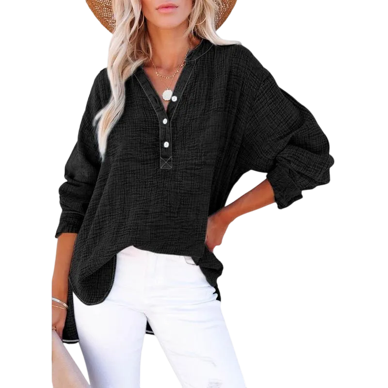Women's Casual Button V Neck Long Sleeve