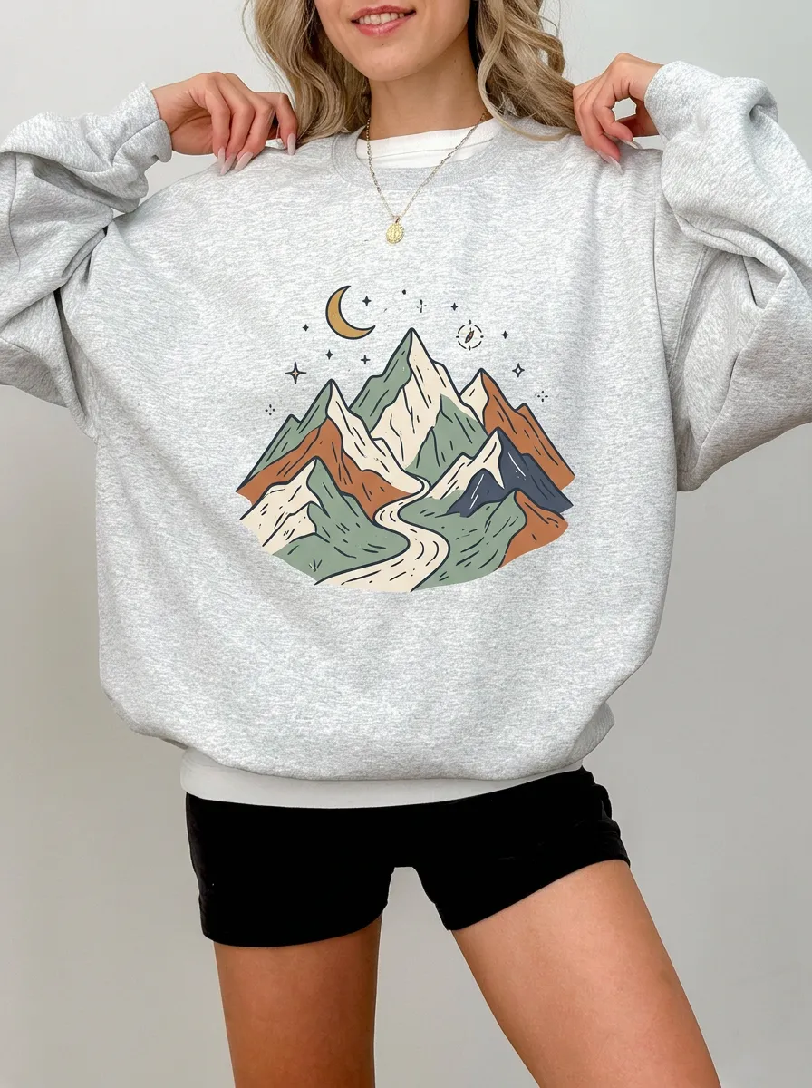 Women's Nature Mountain Moon Stars Graphic Crewneck Sweatshirt