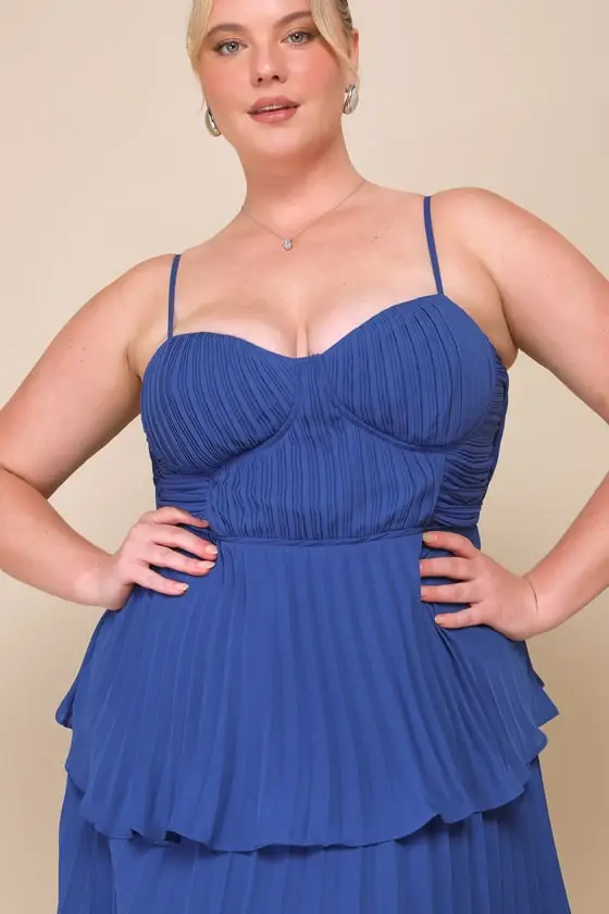 Cascading Crush Light Blue Tiered Bustier Midi Dress