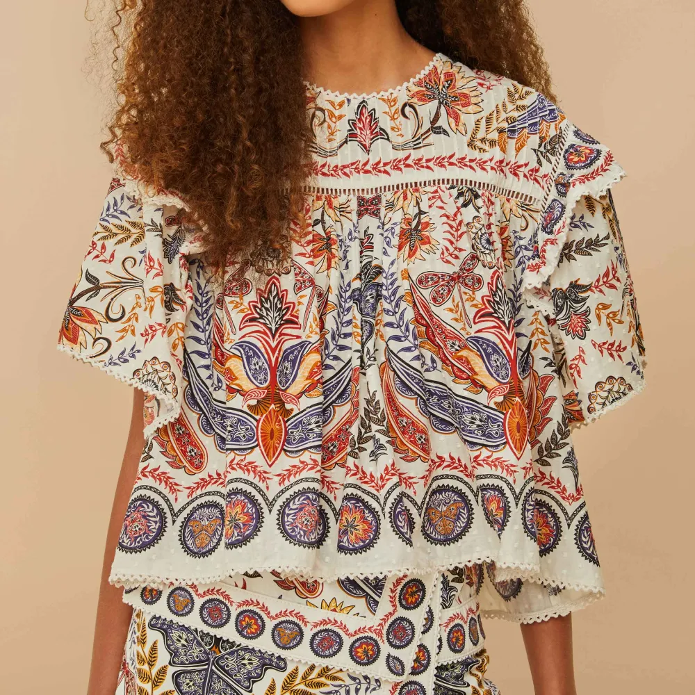 Classic Cotton Lace-Trim Eyelet Floral Blouse