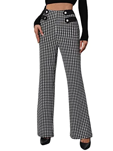 Plus Size Houndstooth Print High Waist Wide Leg Button Front Pants
