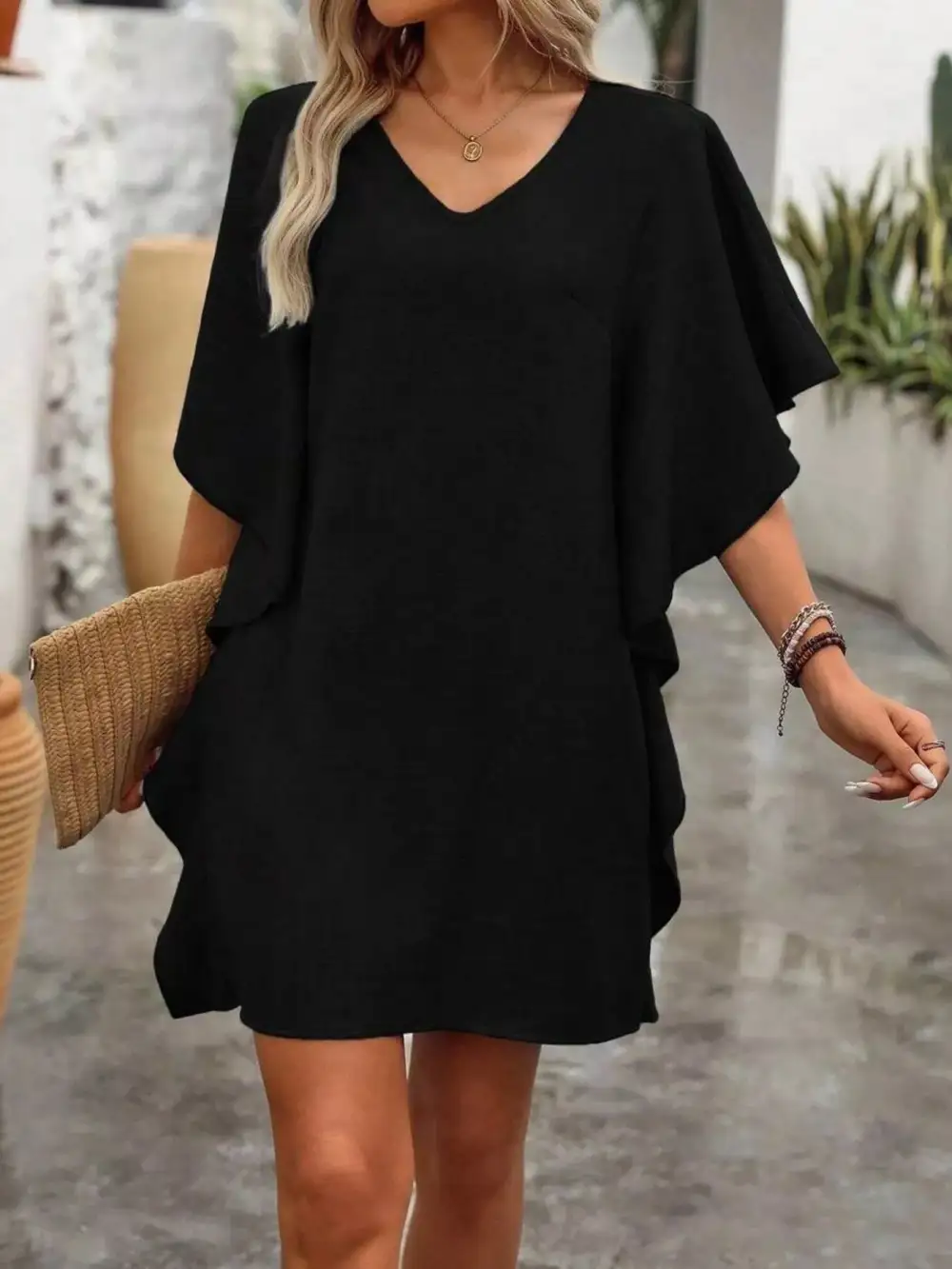 V-Neck Ruffled Mini Dress