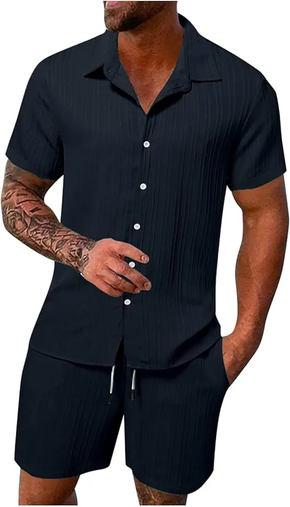 Men'S Solid Textured Short Sleeve Button Front Shirt & Pocket Drawstring Waist Shorts Two-Piece Set, Casual Summer Outfits Clothes Set For Men, Sets For Men Clothing, Menswear,  Summer Outfits Set