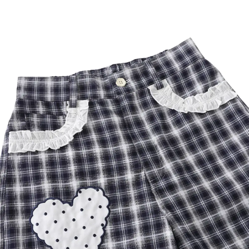 Relaxed Washed Plaid Denim Shorts