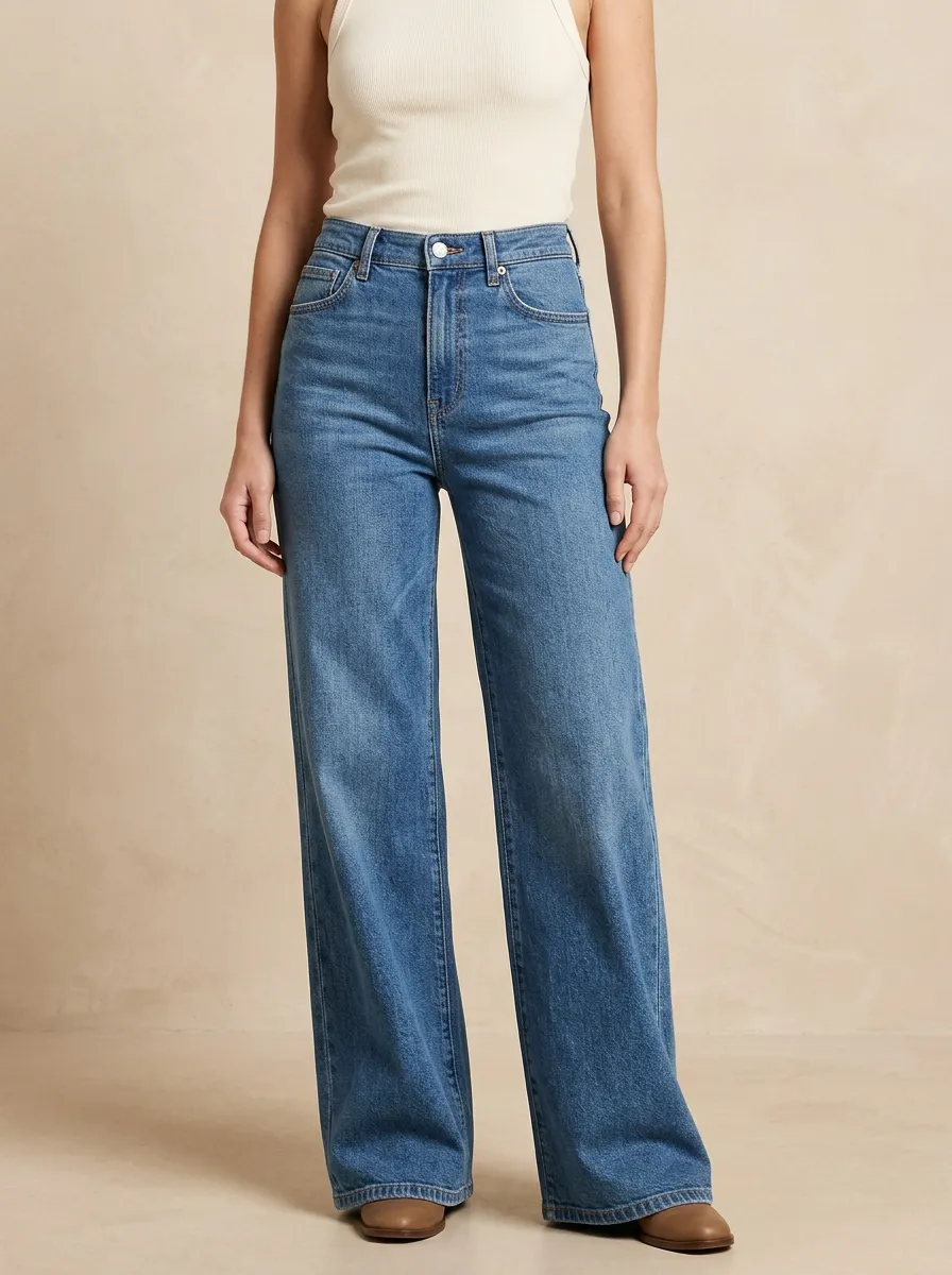 Women's High-Waisted Wide-Leg Denim High-Rise Waist Traditional Button Jeans
