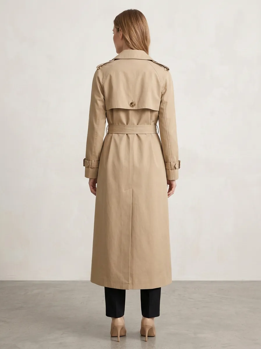 Women's Classic Winter Beige Tie-Waist Long Trench Coat