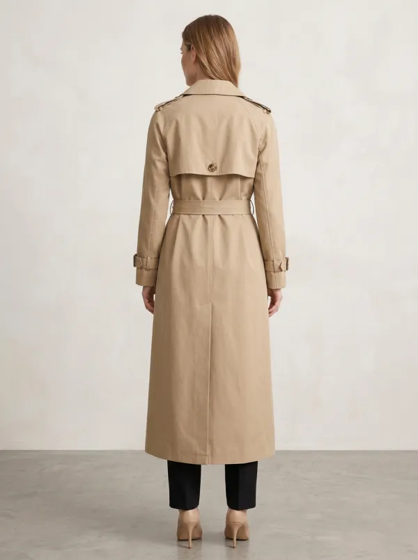 Women's Classic Winter Beige Tie-Waist Long Trench Coat