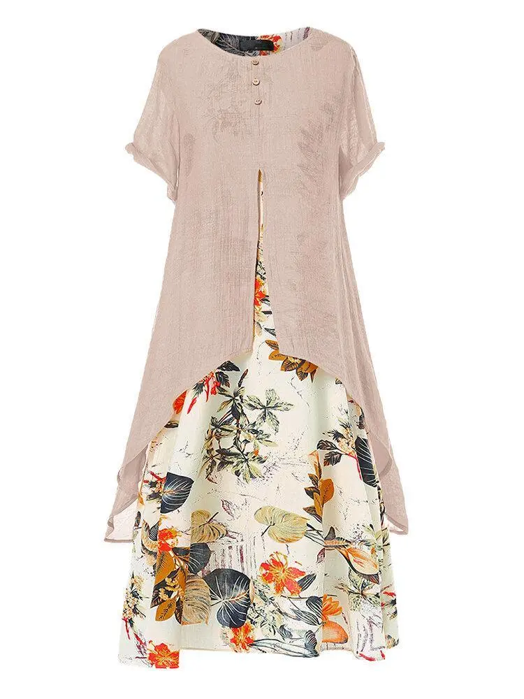 Autumn Cotton-linen print round neck fake two-piece dress short sleeve pullover Dress