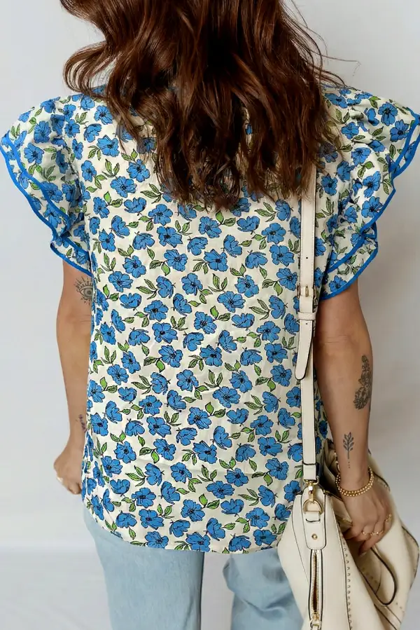 Sky Blue Tiered Flutter Sleeve Pleated Flower Blouse