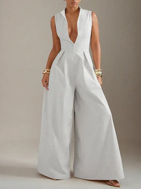 Mouwloze Jumpsuits Met Wijde Pijpen Geplooide Effen Kleur