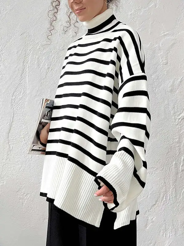 Striped High Low Split Hem Paneled High Neck Sweater