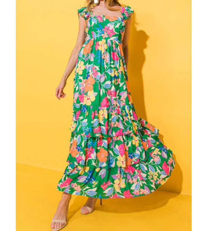 Floral Print Sleeveless Ruffle Tiered Maxi Dress