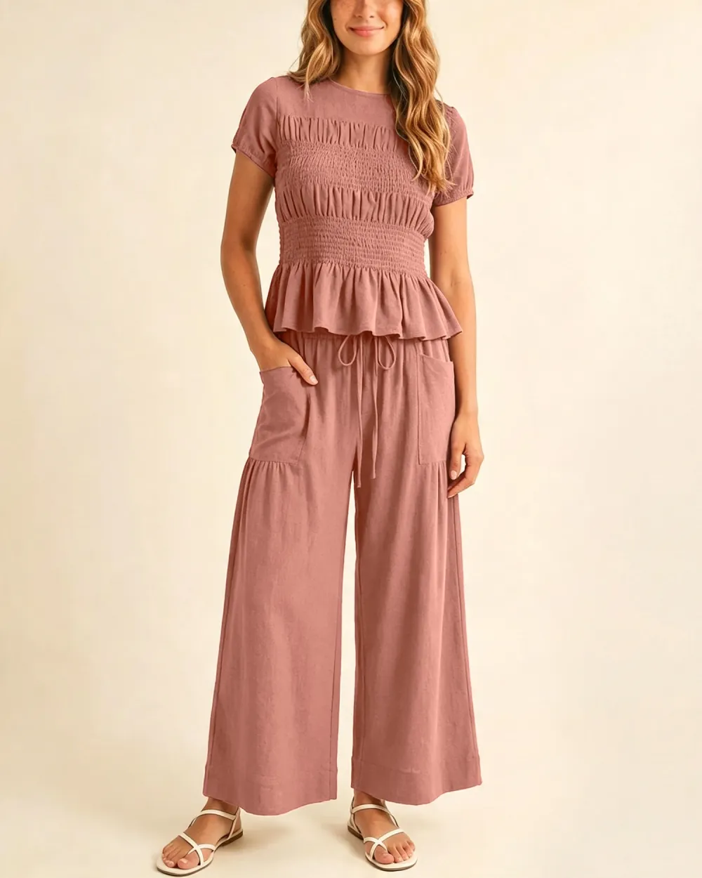 Women's 2-Piece Smocked Top and Wide-Leg Pants Set
