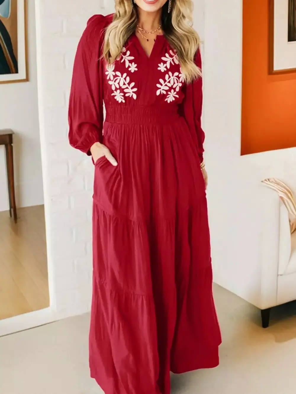 Embroidered Tiered Long Sleeve Maxi Dress