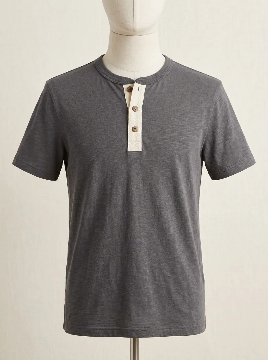 Button-Placket Contrast-Button Ribbed Men's Short-Sleeve Henley Shirt