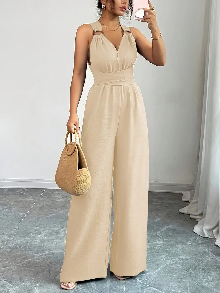 Hoog Getailleerde Mouwloze Rugloze Effen Kleur Gebonden Jumpsuits