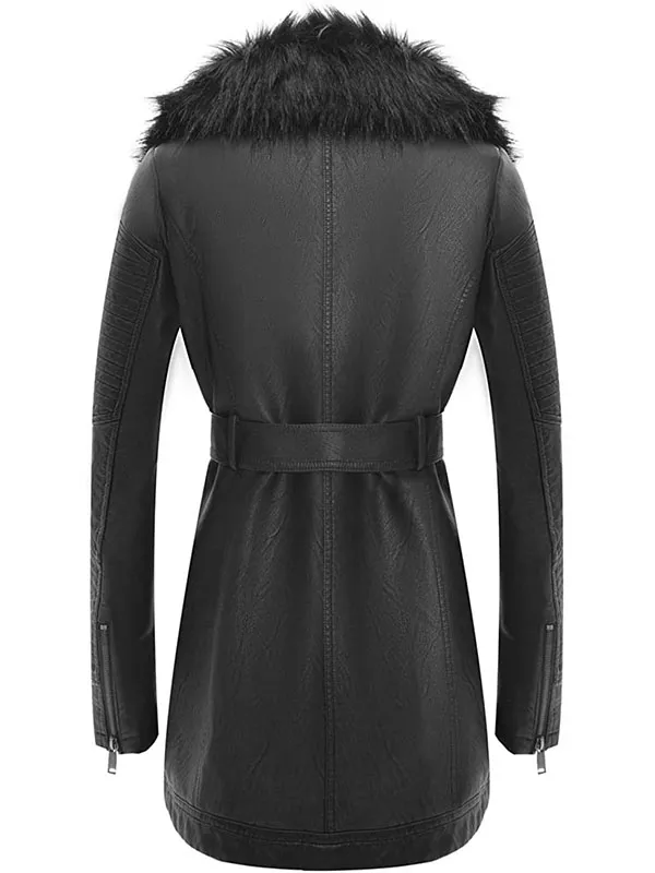Ladies PU autumn/winter leather jacket with detachable faux fur collar