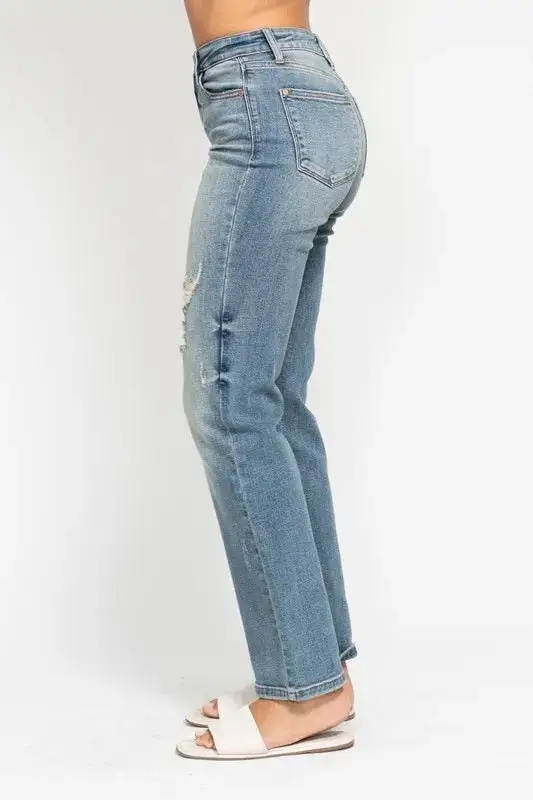 High-Waist Relaxed Distressed Washed Straight Leg Jeans