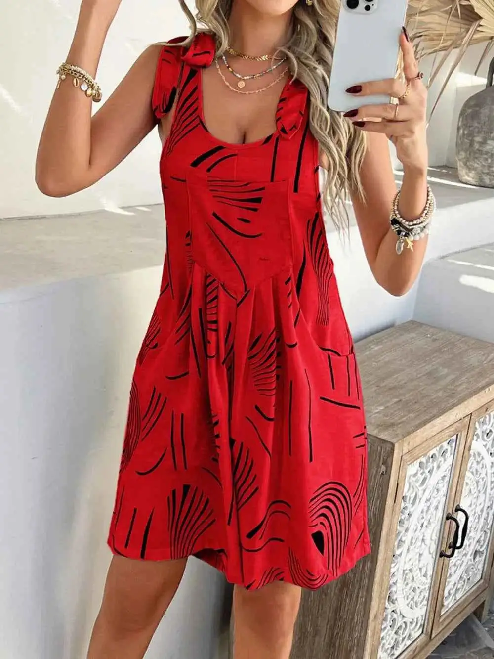 Printed Tie Shoulder Overalls With Pockets
