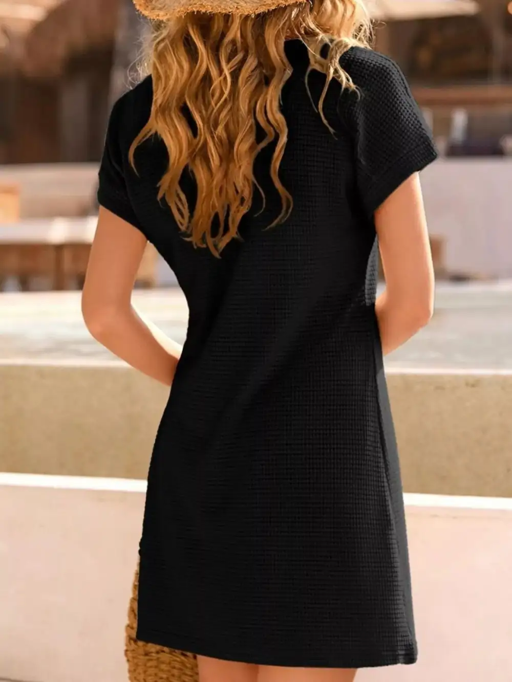 Knit Waffle Short Sleeve Sweater Dress