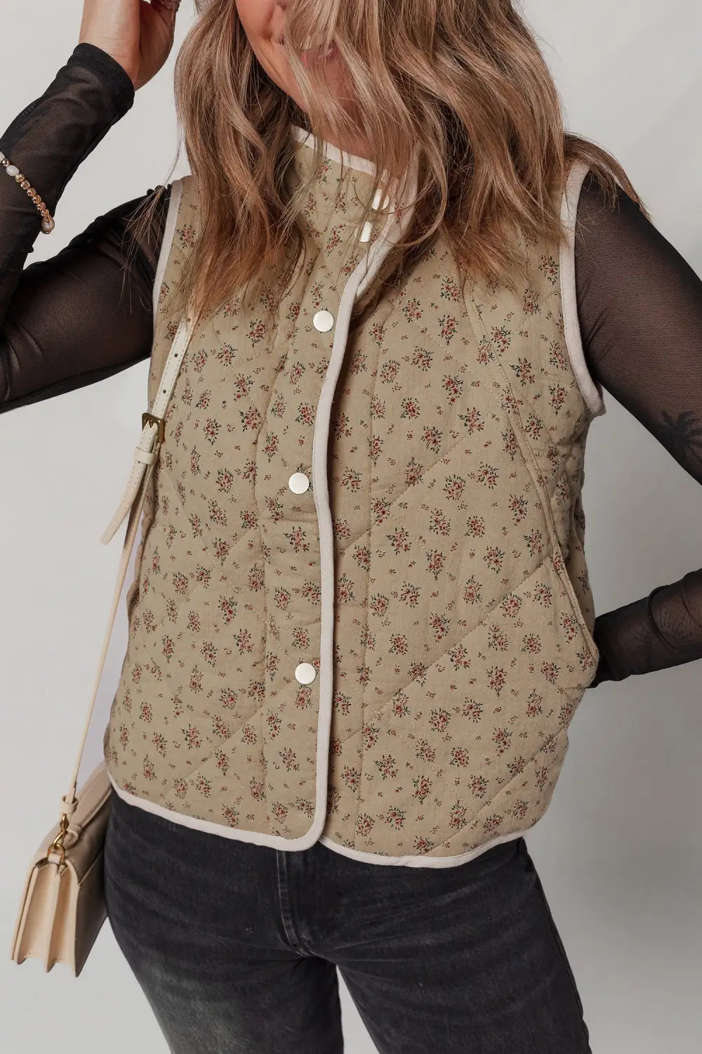 Floral Print Concealed Button Quilted Vest