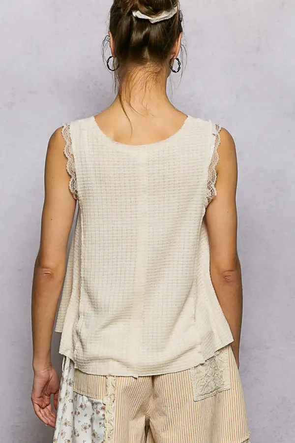 Textured Knit Round Neck Tank With Lace