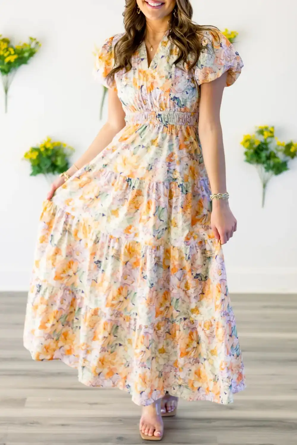 Floral V Neck Flared Maxi Dress