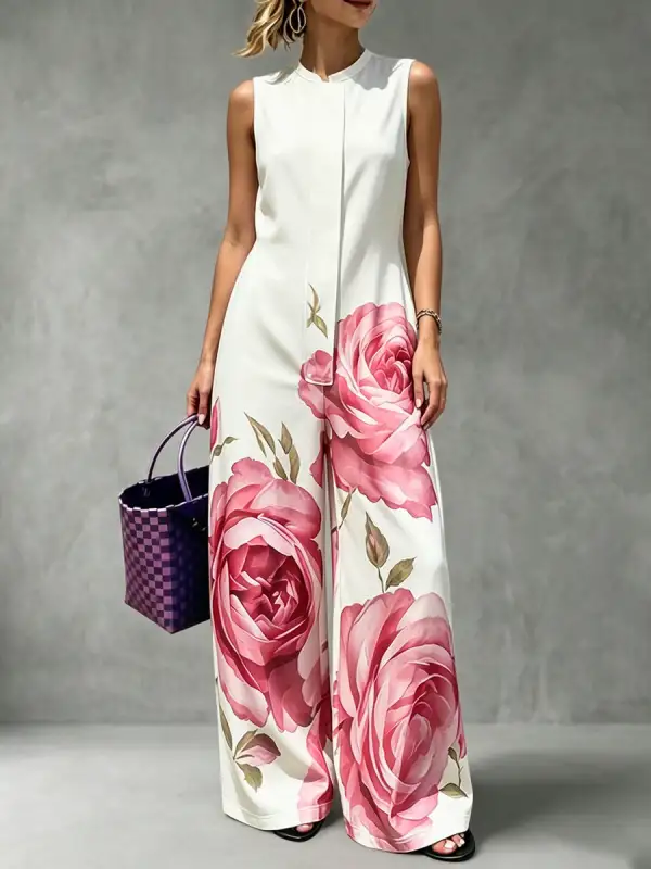 Jumpsuits Met Hoge Taille Losse Bloemenprint Geplooide Zakken
