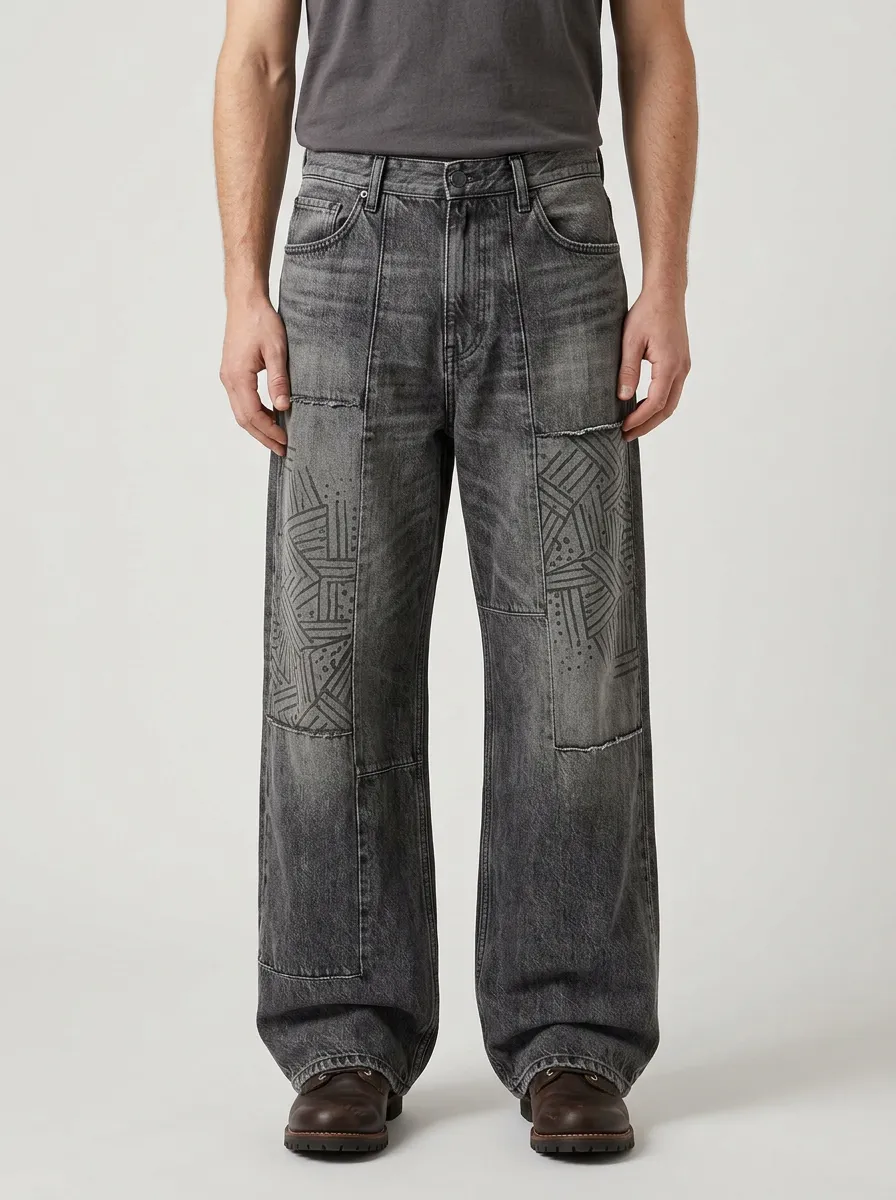 Men's Geometric Patchwork Washed Wide Leg Jeans