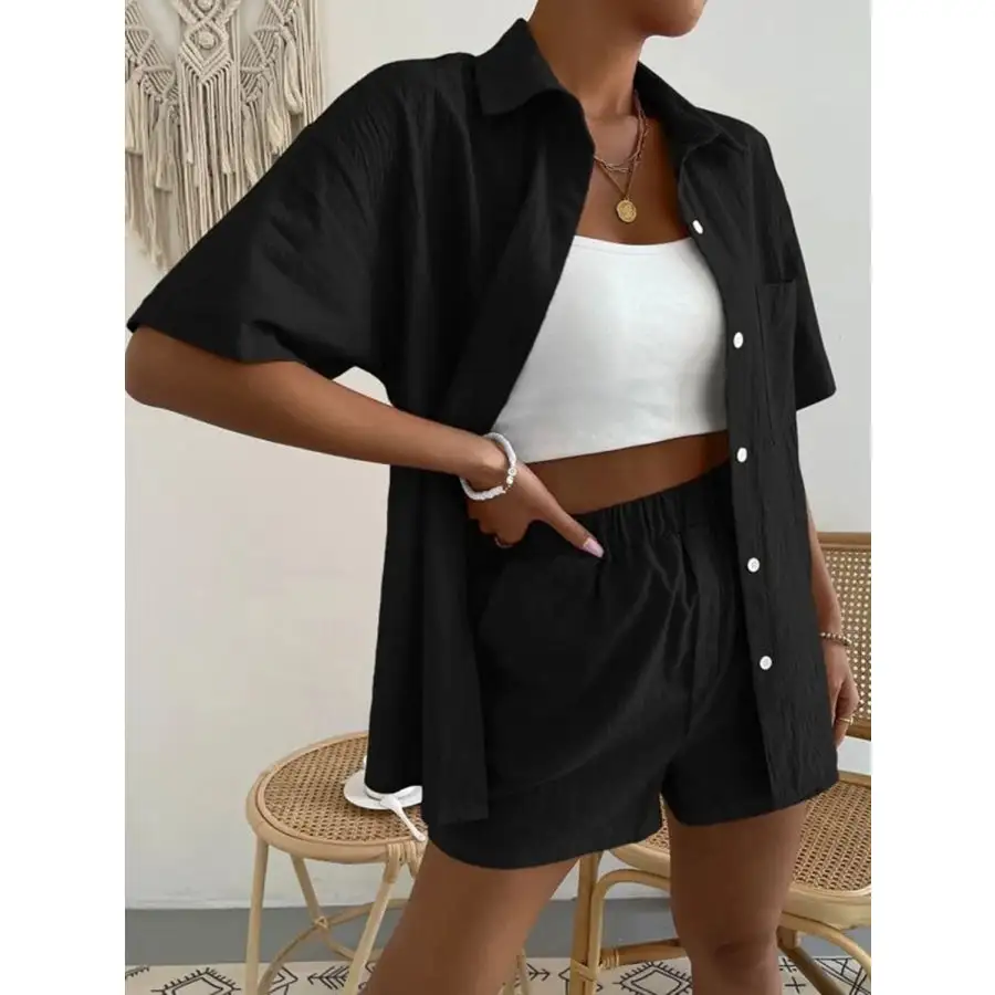 Button Up Short Sleeve Shirt and Shorts Set
