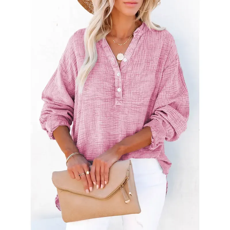 🔥Last Day 49% Offer-Women's Casual Button V Neck Long Sleeve Shirts Oversized Solid Blouses Tops 100% Cotton Boyfriend Style Loose Fit