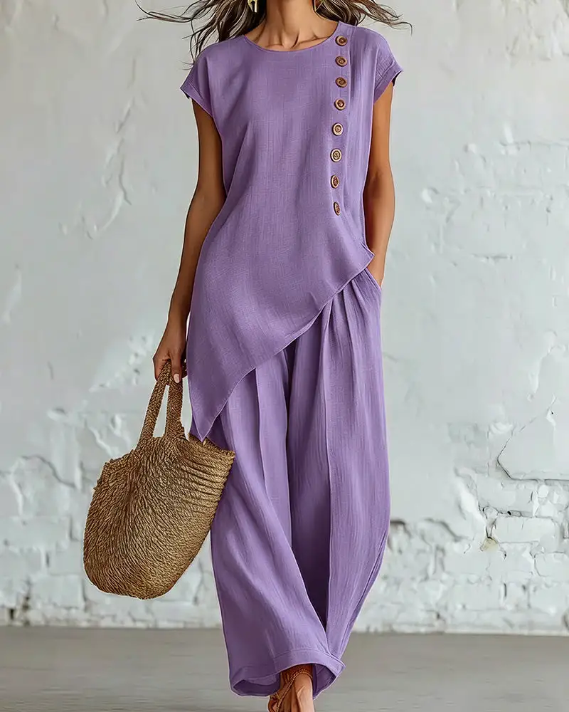 Asymmetrical Button Top and Wide-Leg Pants Lounge Set