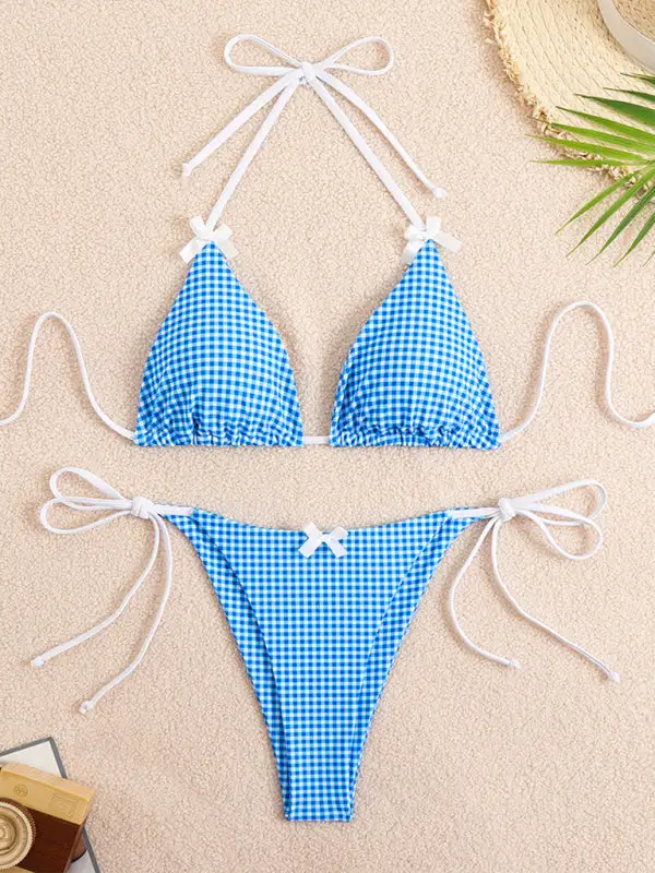 Lace Up Plaid Print Bikini Top Swim Set