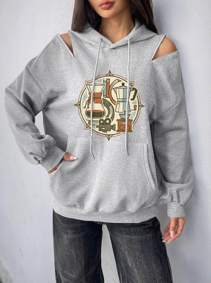 Women's Coffee Retro Gadget Graphic Cold-Shoulder Hoodie