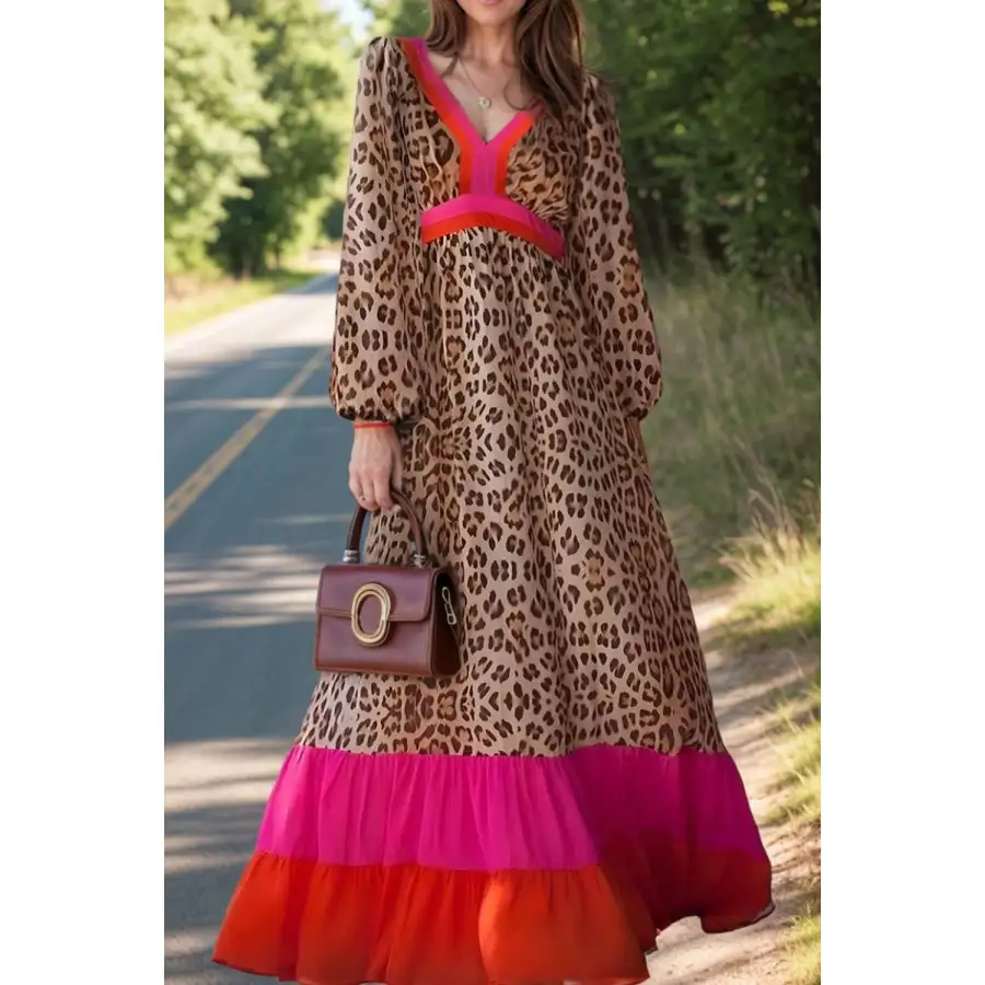 Leopard V Neck Long Sleeve Maxi Dress