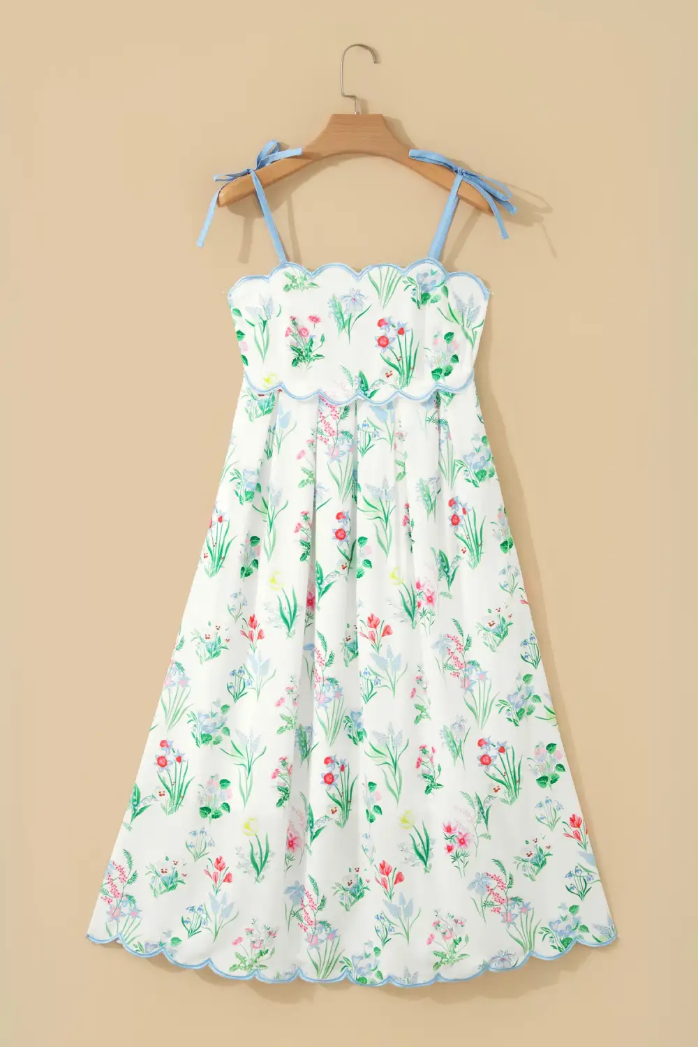 Floral Print Contrast Trim Self-Tie Straps High Waist Midi Dress