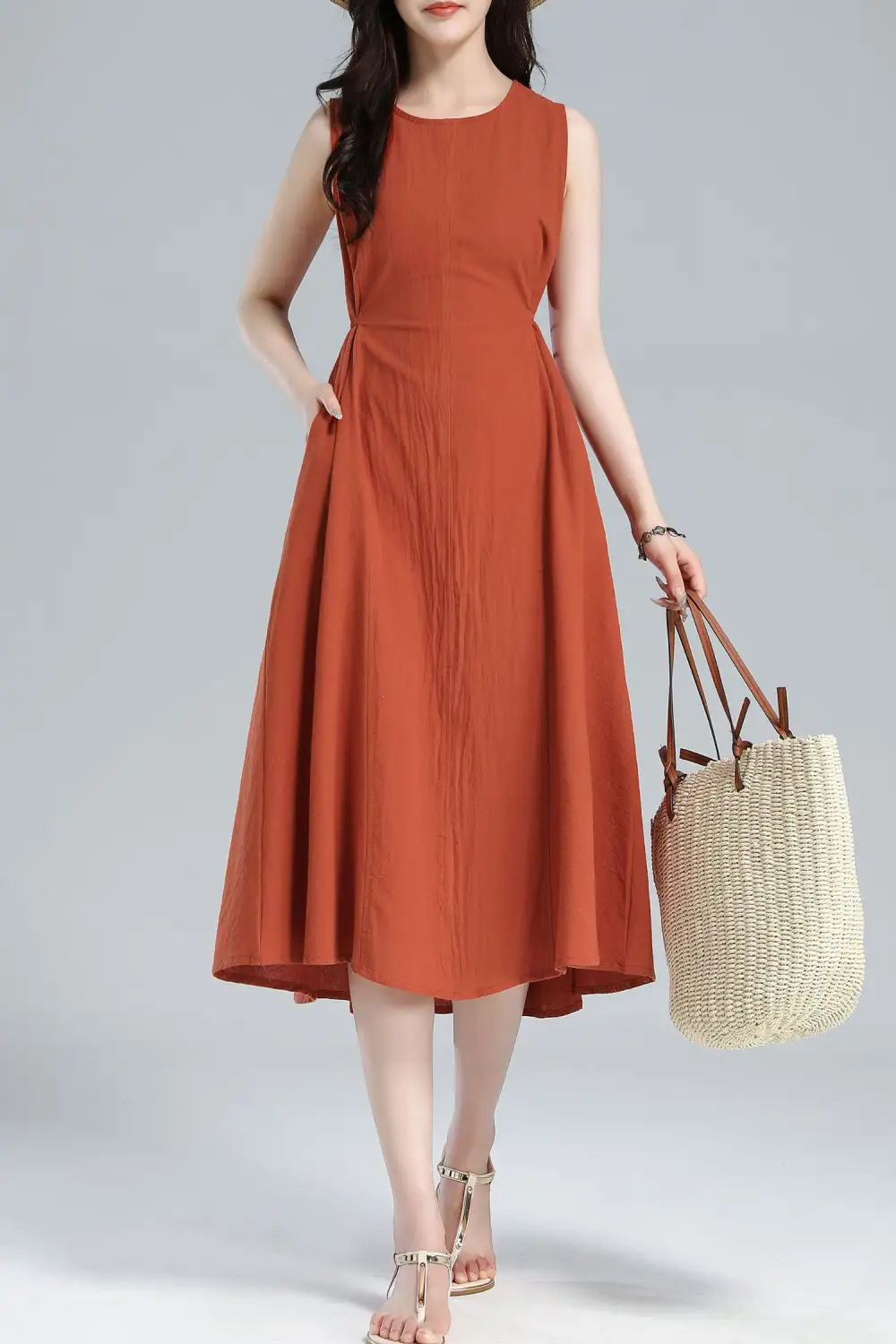 Refined Linen Cotton A Line Sleeveless Midi Dress