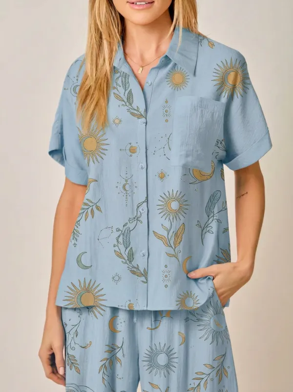 Women's Celestial Boho Sun Moon Botanical Printed Shirt