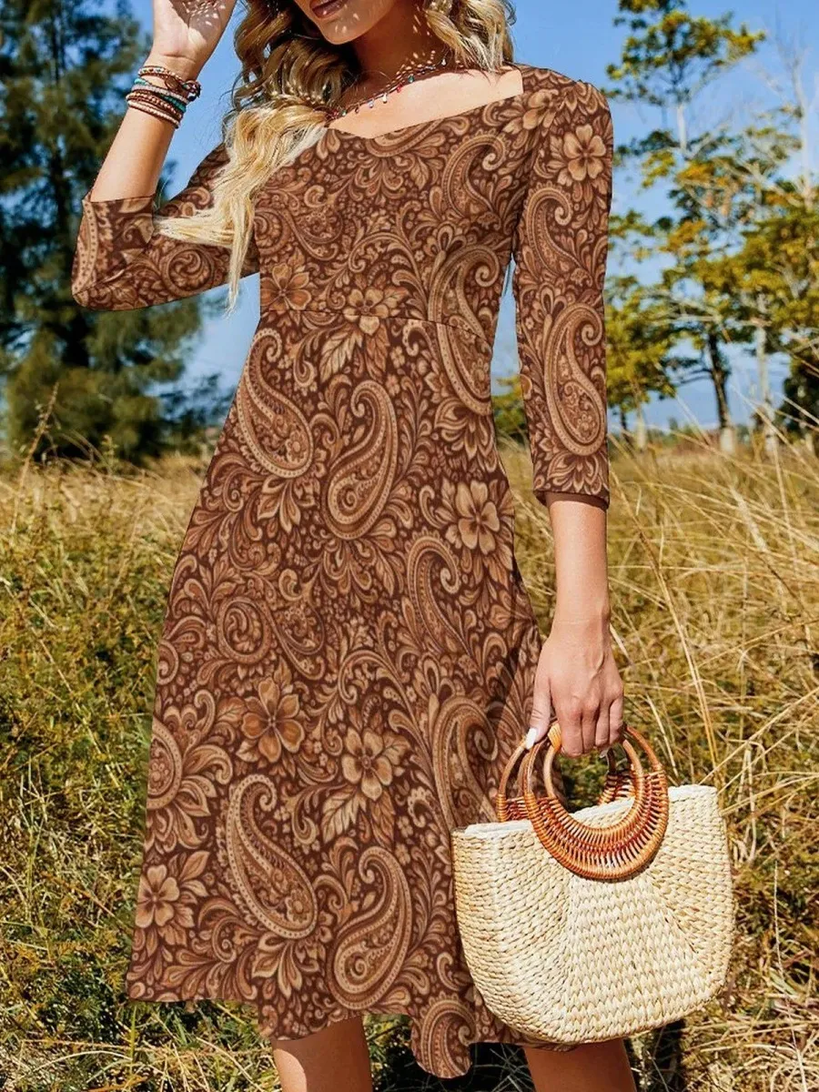 Brown Back Zipper Print Dress