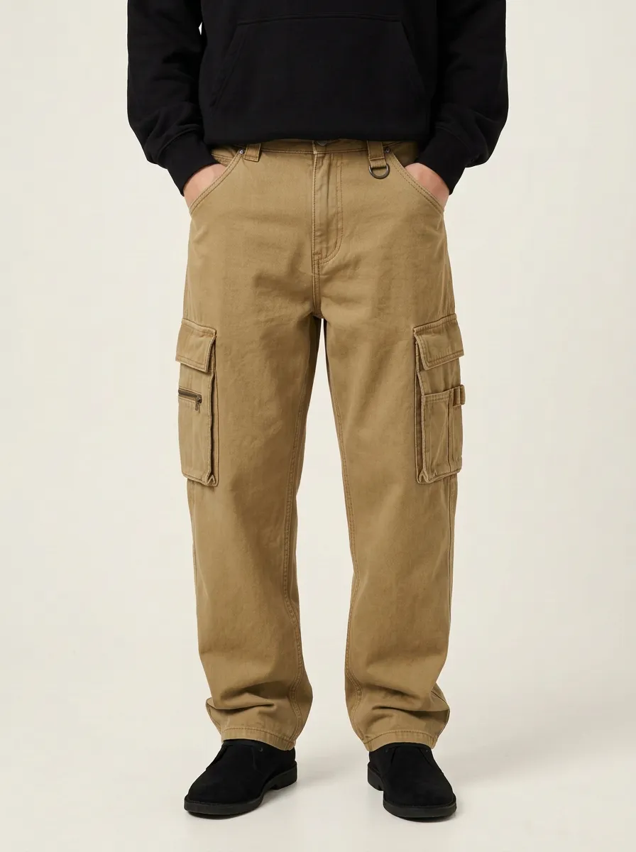 Men's Mid-Blue D-Ring Relaxed Denim Cargo Pants