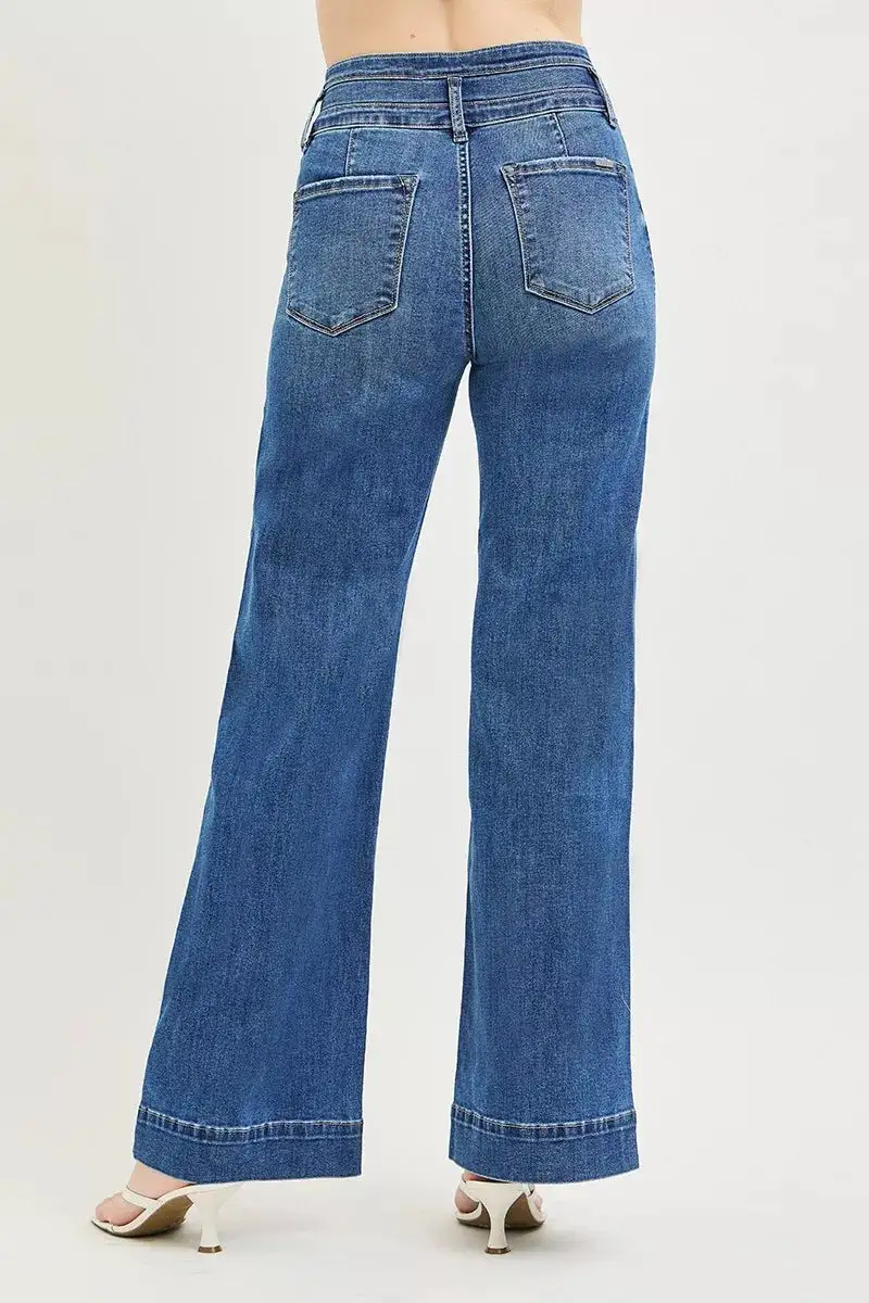 High Rise Wide Waistband Wide Leg Jeans